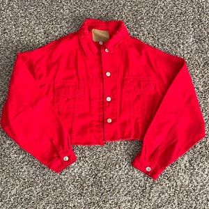 Cropped red denim jacket